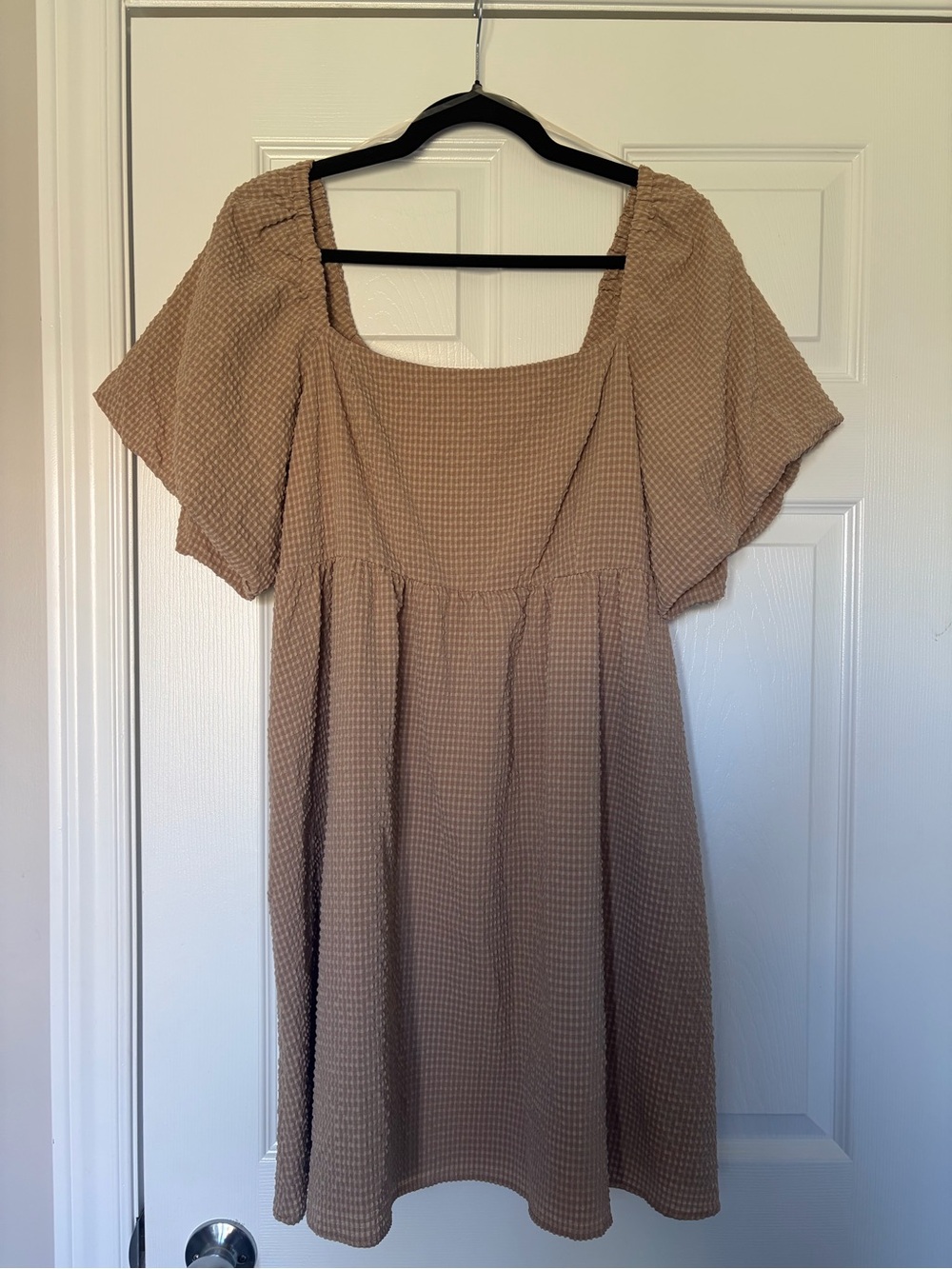 Square Neck Bubble Sleeve Mini Dress in Light Brown